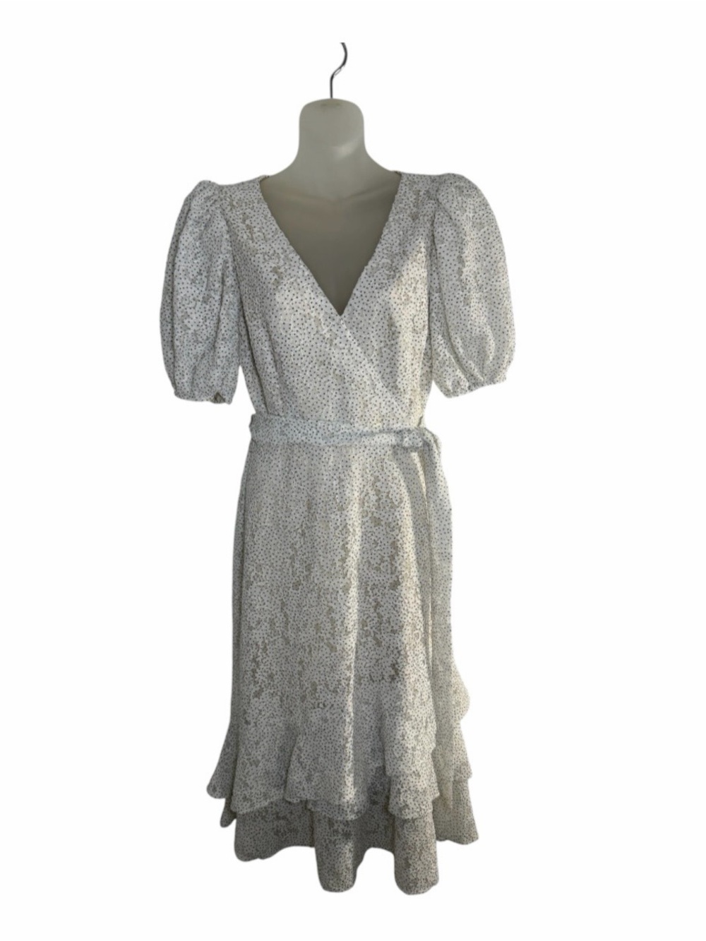 Alex Marie White Black Polka Dot Lace Wrap Midi Dress w/ Puff Sleeves Ruffle 6P